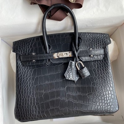 Hermes Birkin 25 Bag In Black Matte Alligator Crocodile Skin HSBS60337