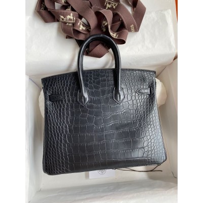 Hermes Birkin 25 Bag In Black Matte Alligator Crocodile Skin