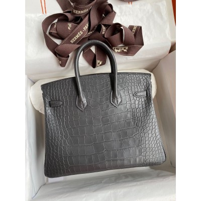 Hermes Birkin 25 Bag In Dark Grey Matte Alligator Crocodile Skin