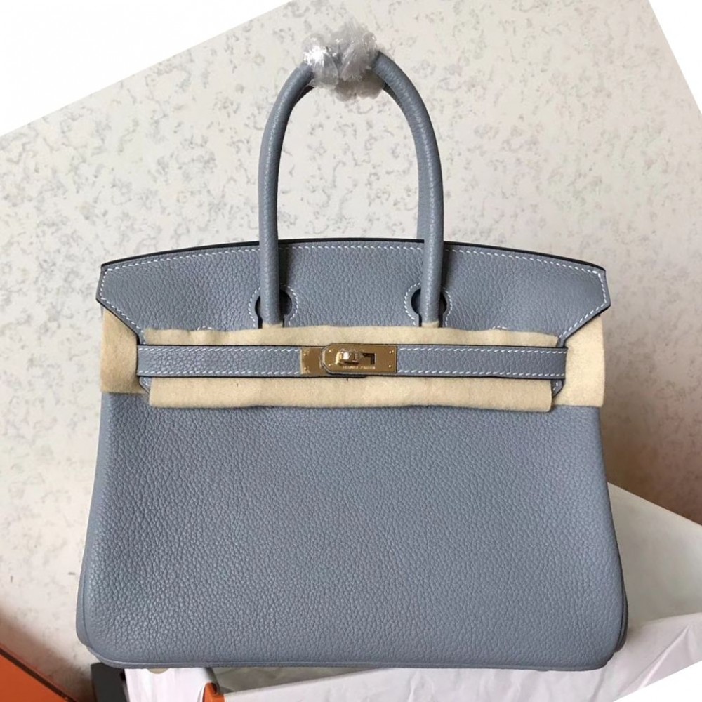 Hermes Birkin 25 Handmade Bag In Blue Lin Clemence Leather