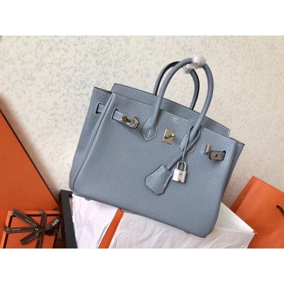 Hermes Birkin 25 Handmade Bag In Blue Lin Clemence Leather