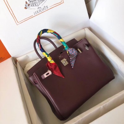 Hermes Birkin 25 Handmade Bag In Burgundy Swift Leather