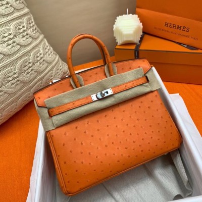 Hermes Birkin 25 Handmade Bag In Orange Ostrich Leather