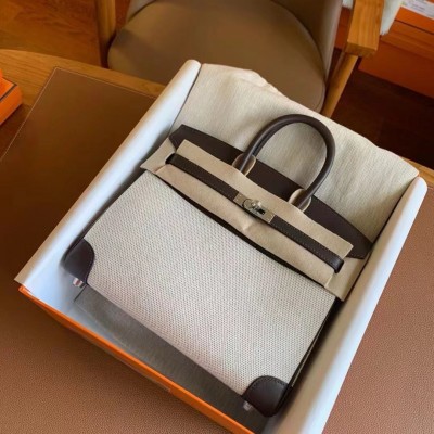 Hermes Birkin 25 Handmade Bag In Toile & Chocolat Swift Leather HSBS60101