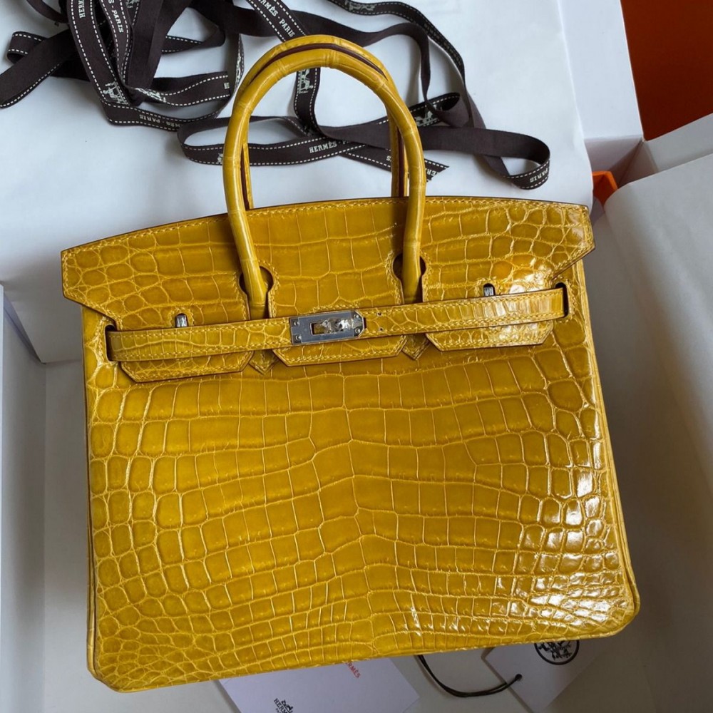 Hermes Birkin 25 Handmade Bag In Yellow Crocodile Niloticus Shiny Skin