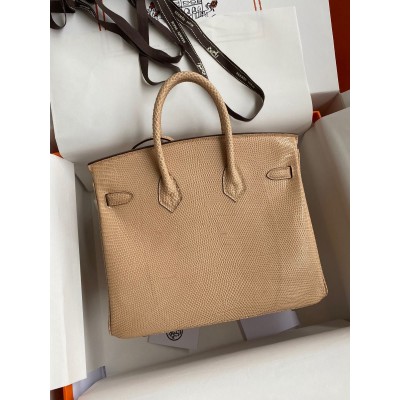 Hermes Birkin 25 Retourne Handmade Bag In Beige Lizard Leather