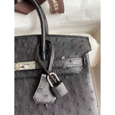 Hermes Birkin 25 Retourne Handmade Bag In Black Ostrich Leather