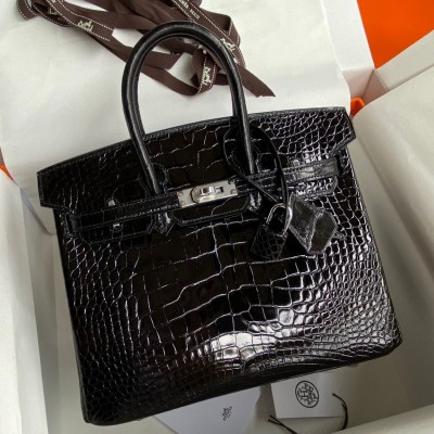 Hermes Birkin 25 Retourne Handmade Bag In Black Shiny Alligator Leather HSBS60112