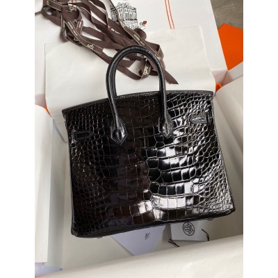 Hermes Birkin 25 Retourne Handmade Bag In Black Shiny Alligator Leather