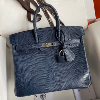 Hermes Birkin 25 Retourne Handmade Bag In Blue Saphir Lizard Leather HSBS60106