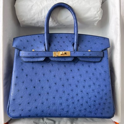 Hermes Birkin 25 Retourne Handmade Bag In Blue Zellige Ostrich Leather