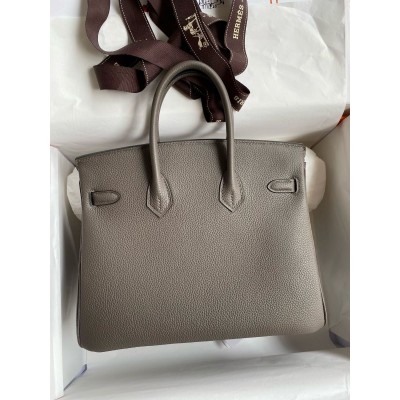 Hermes Birkin 25 Retourne Handmade Bag In Etain Clemence Leather