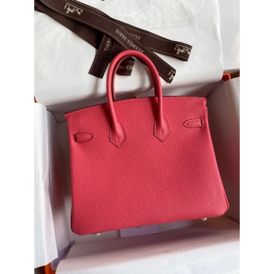 Hermes Birkin 25 Retourne Handmade Bag In Rose Lipstick Clemence Leather