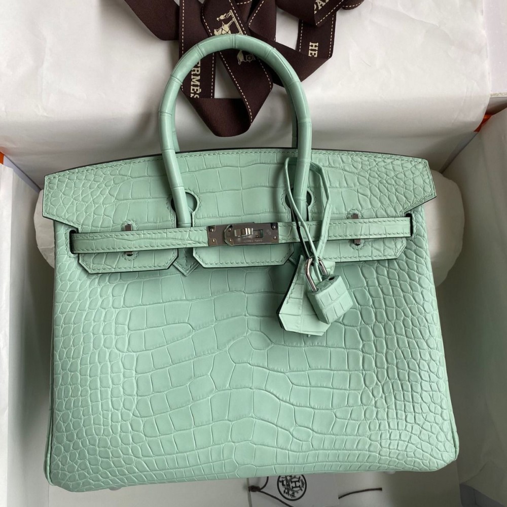 Hermes Birkin 25 Retourne Handmade Bag In Vert D-eau Matte Alligator Leather