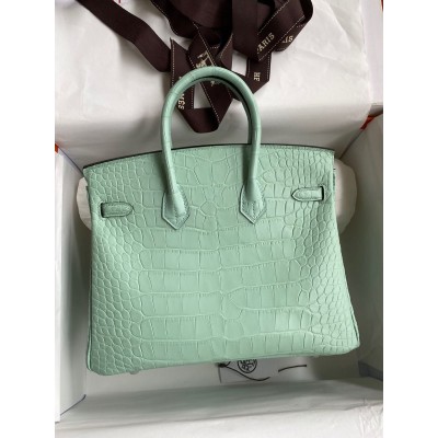 Hermes Birkin 25 Retourne Handmade Bag In Vert D-eau Matte Alligator Leather