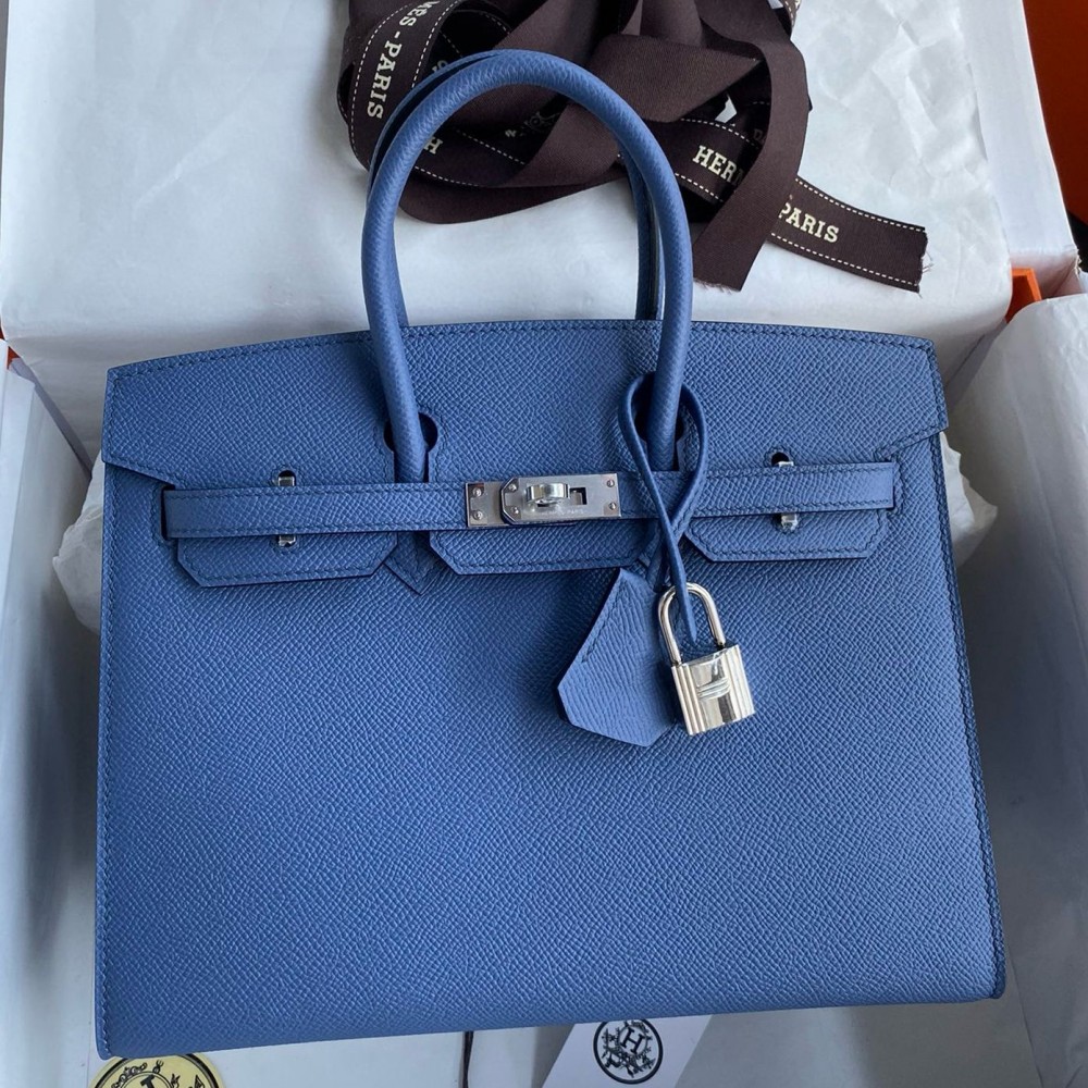 Hermes Birkin 25 Sellier Handmade Bag in Blue Brighton Epsom Calfskin