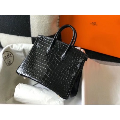 Hermes Birkin 25cm Bag In Black Embossed Crocodile Leather