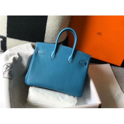 Hermes Birkin 25cm Bag In Blue Jean Clemence Leather GHW