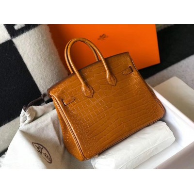 Hermes Birkin 25cm Bag In Gold Embossed Crocodile Leather