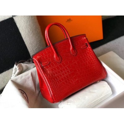 Hermes Birkin 25cm Bag In Red Embossed Crocodile Leather