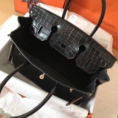 Hermes Birkin 30 Bag In Black Crocodile Porosus Shiny Skin