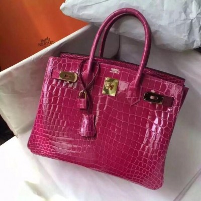 Hermes Birkin 30 Bag In Rose Red Crocodile Niloticus Shiny Skin