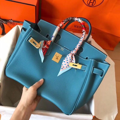 Hermes Birkin 30 Handmade Bag In Blue Jean Clemence Leather