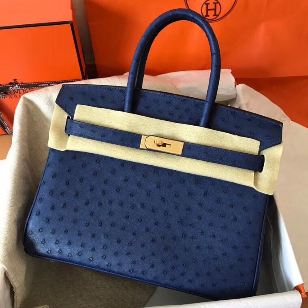 Hermes Birkin 30 Handmade Bag In Blue Ostrich Skin