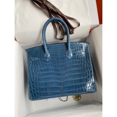 Hermes Birkin 30 Handmade Bag In Blue Tempete Crocodile Niloticus Shiny Skin