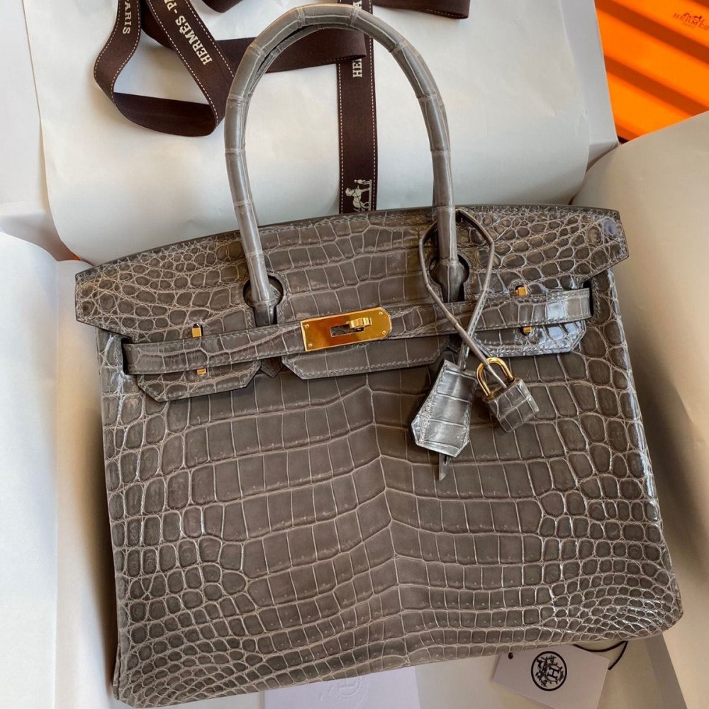 Hermes Birkin 30 Handmade Bag In Gris Tourterelle Crocodile Niloticus Shiny Skin