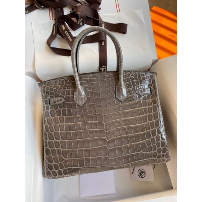 Hermes Birkin 30 Handmade Bag In Gris Tourterelle Crocodile Niloticus Shiny Skin