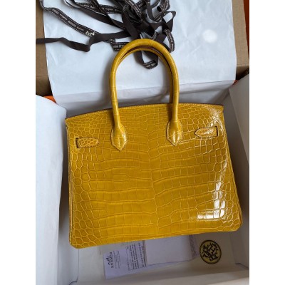 Hermes Birkin 30 Handmade Bag In Jaune Ambre Crocodile Niloticus Shiny Skin