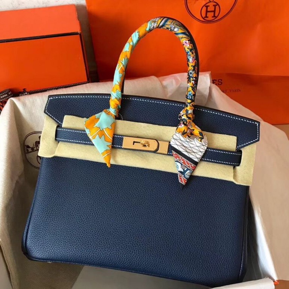 Hermes Birkin 30 Handmade Bag In Navy Blue Clemence Leather