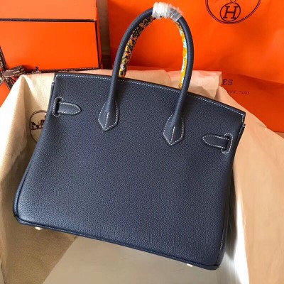 Hermes Birkin 30 Handmade Bag In Navy Blue Clemence Leather