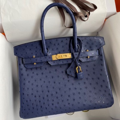 Hermes Birkin 30 Retourne Handmade Bag In Blue Iris Ostrich Leather HSBS60233