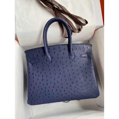 Hermes Birkin 30 Retourne Handmade Bag In Blue Iris Ostrich Leather