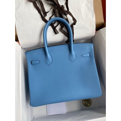 Hermes Birkin 30 Retourne Handmade Bag In Blue Paradise Clemence Leather