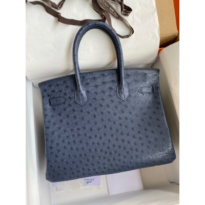 Hermes Birkin 30 Retourne Handmade Bag In Blue de Malte Ostrich Leather