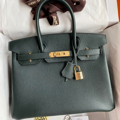 Hermes Birkin 30 Retourne Handmade Bag In Vert Cypres Chevre Mysore Leather HSBS60298