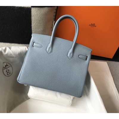 Hermes Birkin 30cm Bag In Blue Lin Clemence Leather GHW