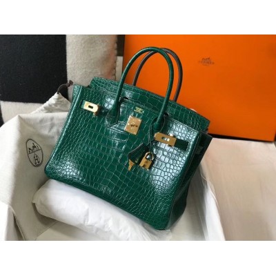 Hermes Birkin 30cm Bag In Green Embossed Crocodile Leather