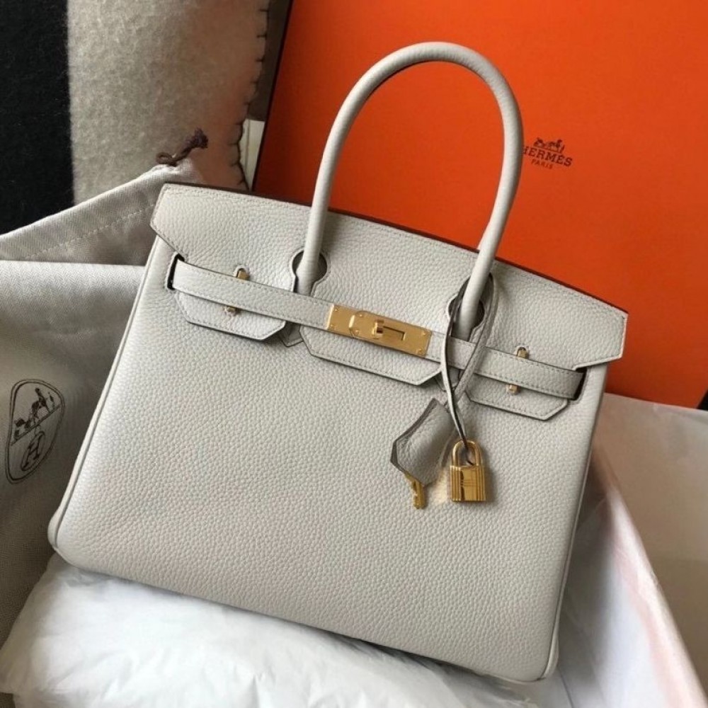 Hermes Birkin 30cm Bag In Pearl Grey Clemence Leather GHW