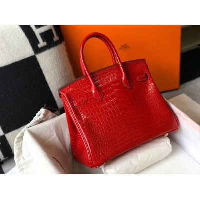 Hermes Birkin 30cm Bag In Red Embossed Crocodile Leather