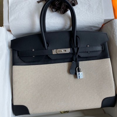 Hermes Birkin 35 Handmade Bag In Toile & Black Swift Leather HSBS60335