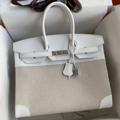 Hermes Birkin 35 Handmade Bag In Toile & White Clemence Leather HSBS60304