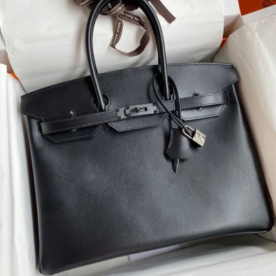 Hermes Birkin 35 Retourne Handmade Bag In Black Box Calfskin HSBS60313