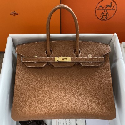 Hermes Birkin 35 Retourne Handmade Bag In Gold Clemence Leather HSBS60344