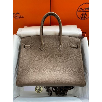 Hermes Birkin 35 Retourne Handmade Bag In Taupe Clemence Leather