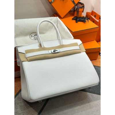 Hermes Birkin 35 Retourne Handmade Bag In White Clemence Leather