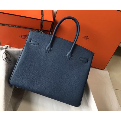 Hermes Birkin 35cm Bag In Blue Agate Clemence Leather GHW